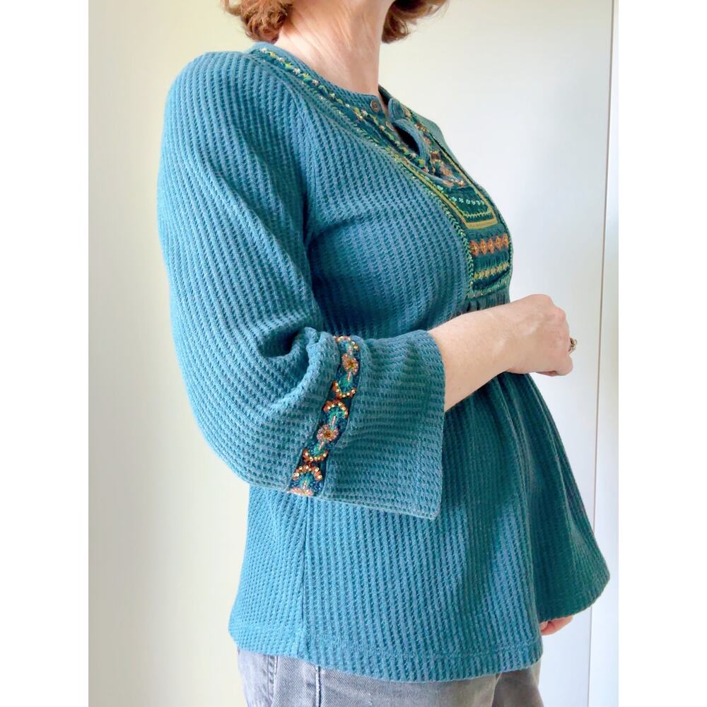 Soft Surroundings Womens Thermal Boho Top Size M Teal Embellished Hippie - Picture 8 of 11